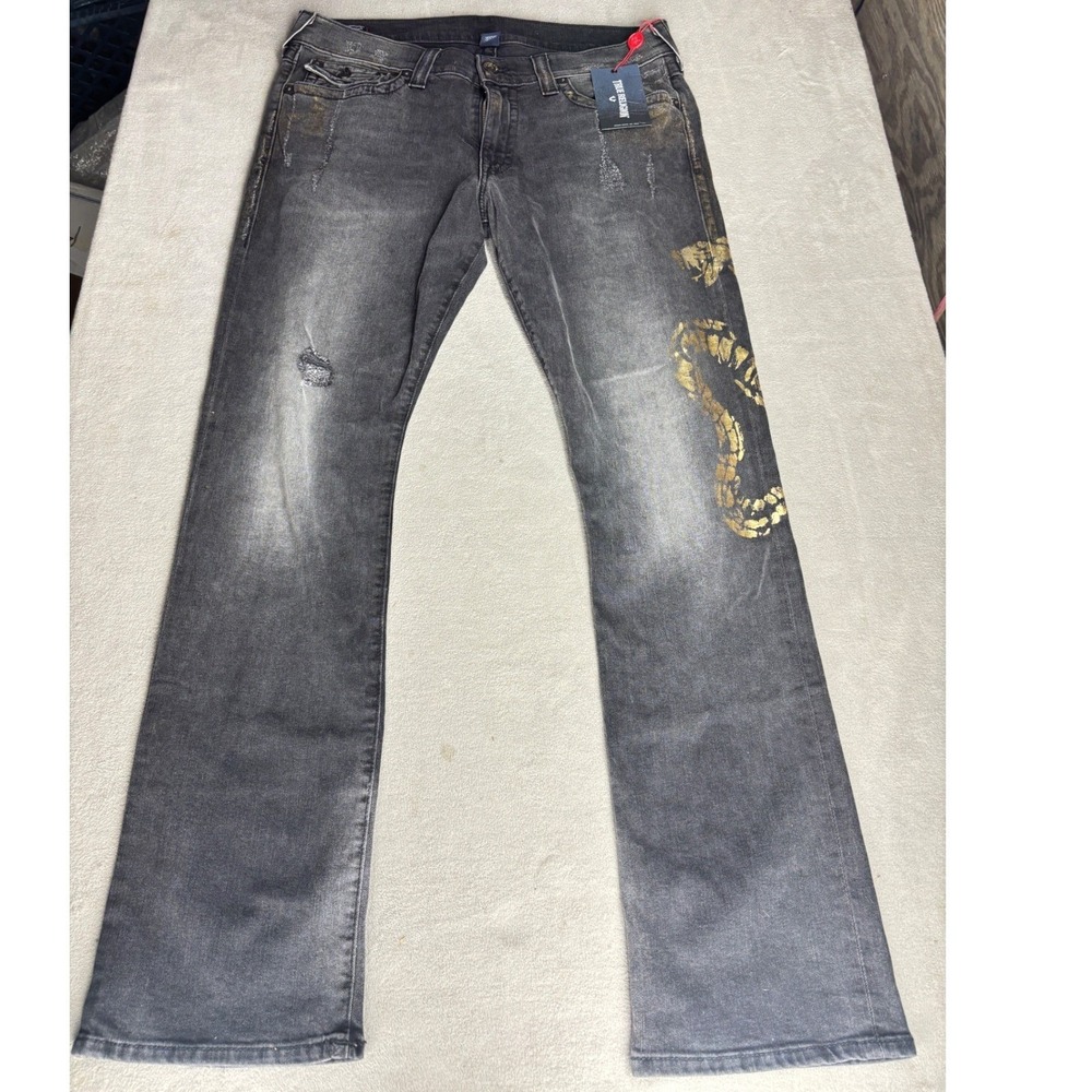 True Religion Ricky W Flap Straight Jeans Black Gold Snake Distressed Mens 38